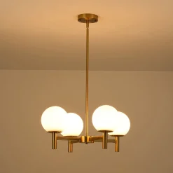 Brass 4-Light Opal Glass Globe Round Sputnik Chandelier