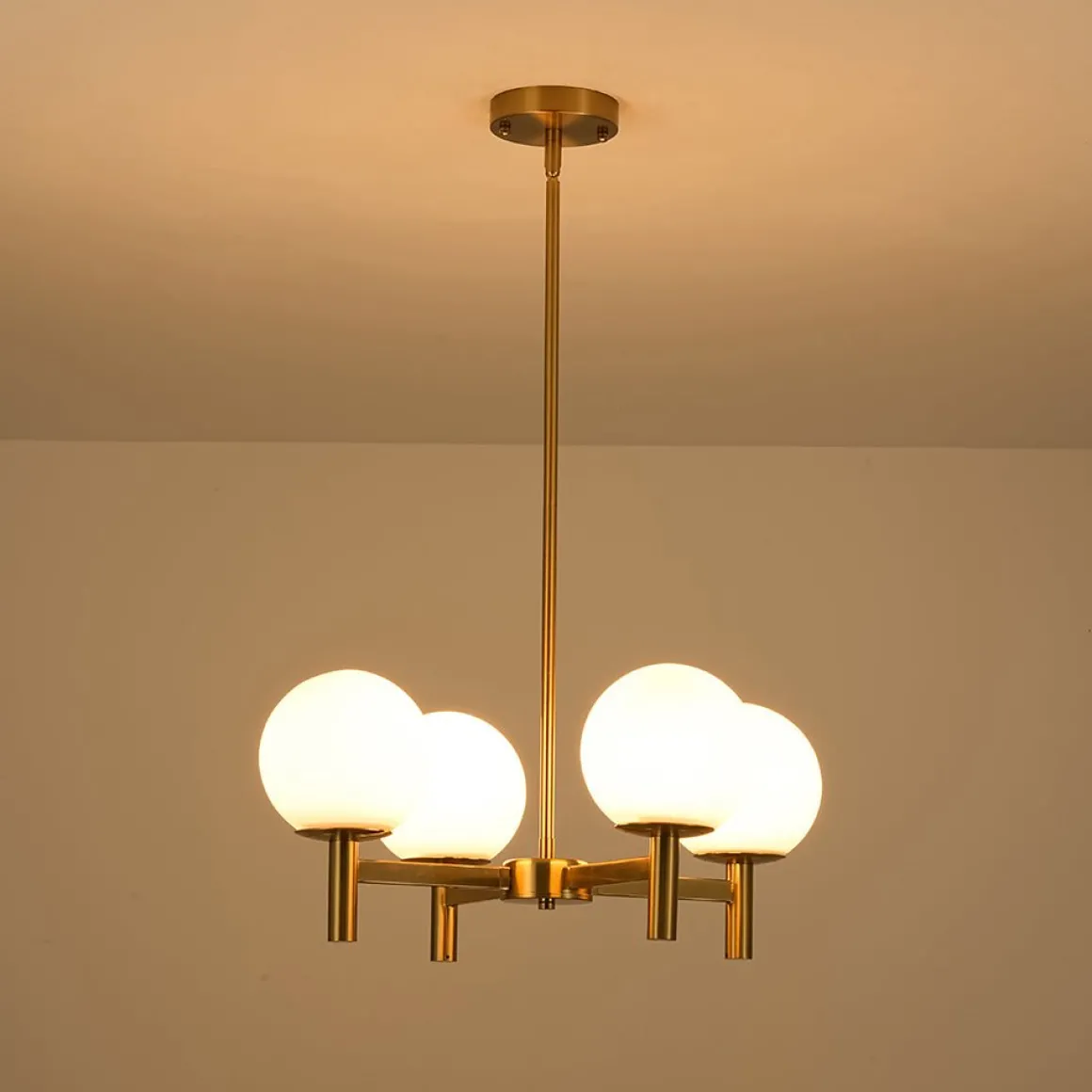Brass 4-Light Opal Glass Globe Round Sputnik Chandelier
