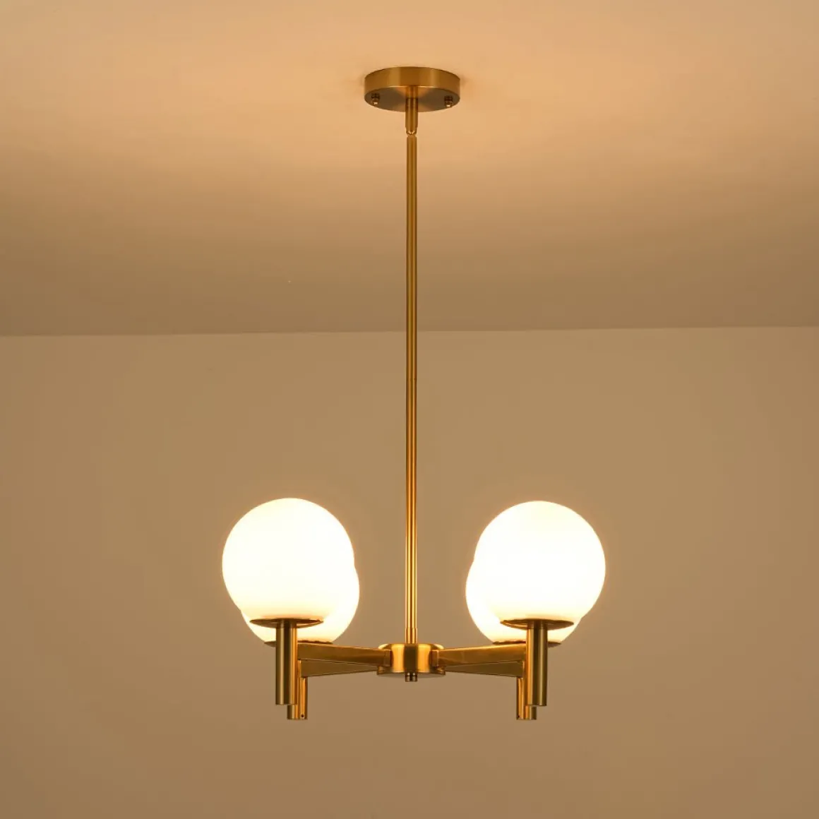 Brass 4-Light Opal Glass Globe Round Sputnik Chandelier