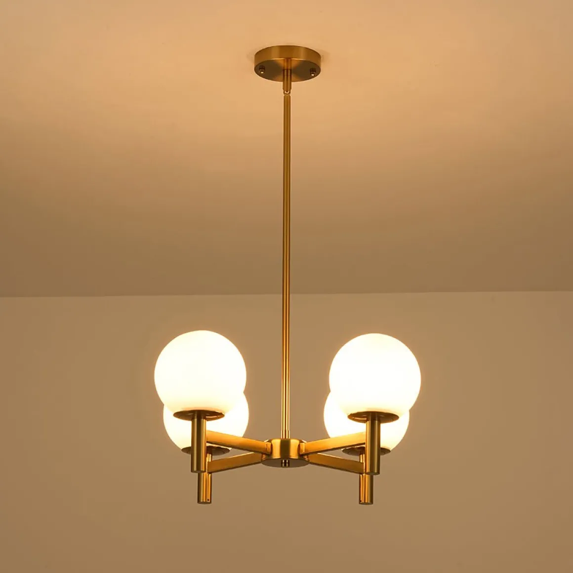 Brass 4-Light Opal Glass Globe Round Sputnik Chandelier