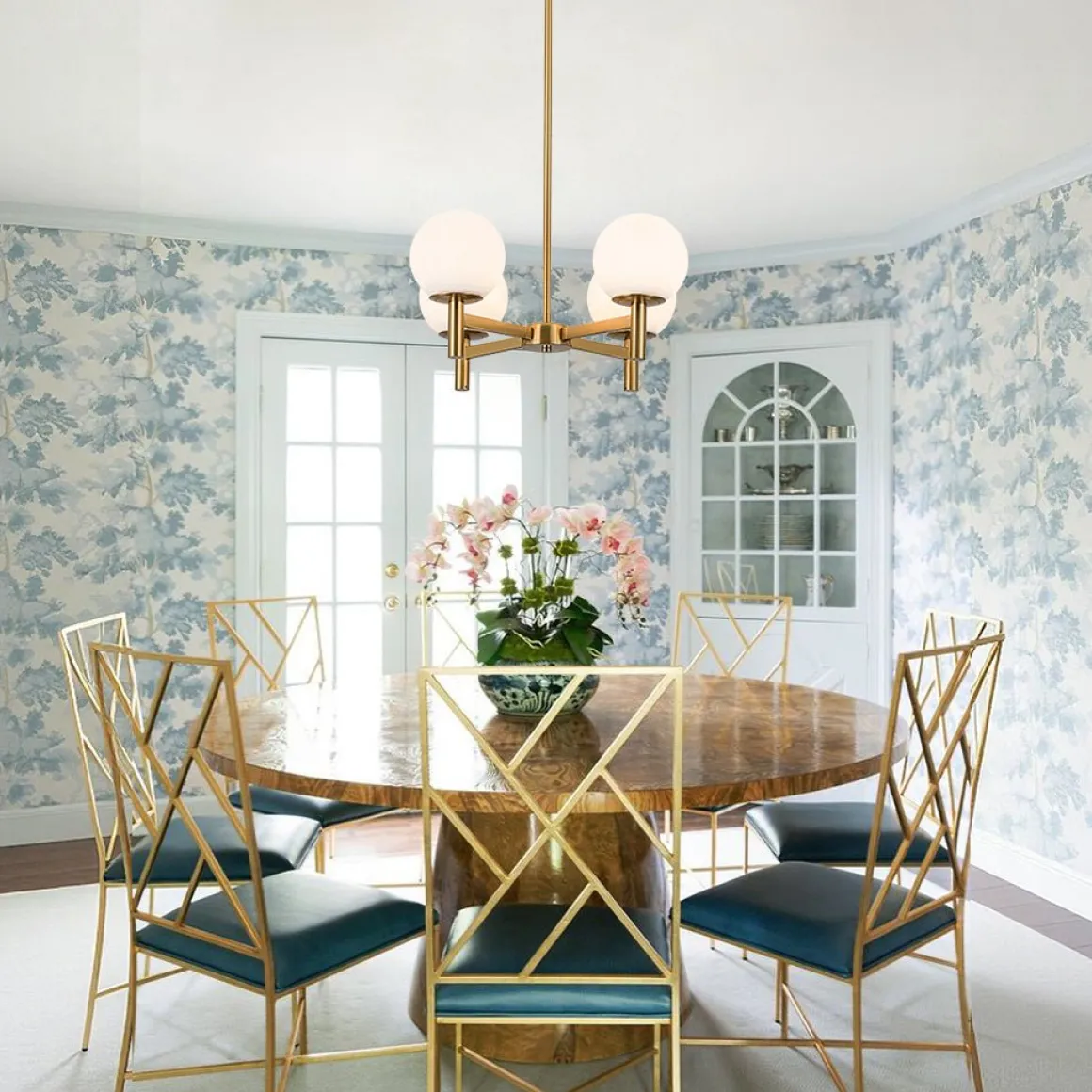 Brass 4-Light Opal Glass Globe Round Sputnik Chandelier