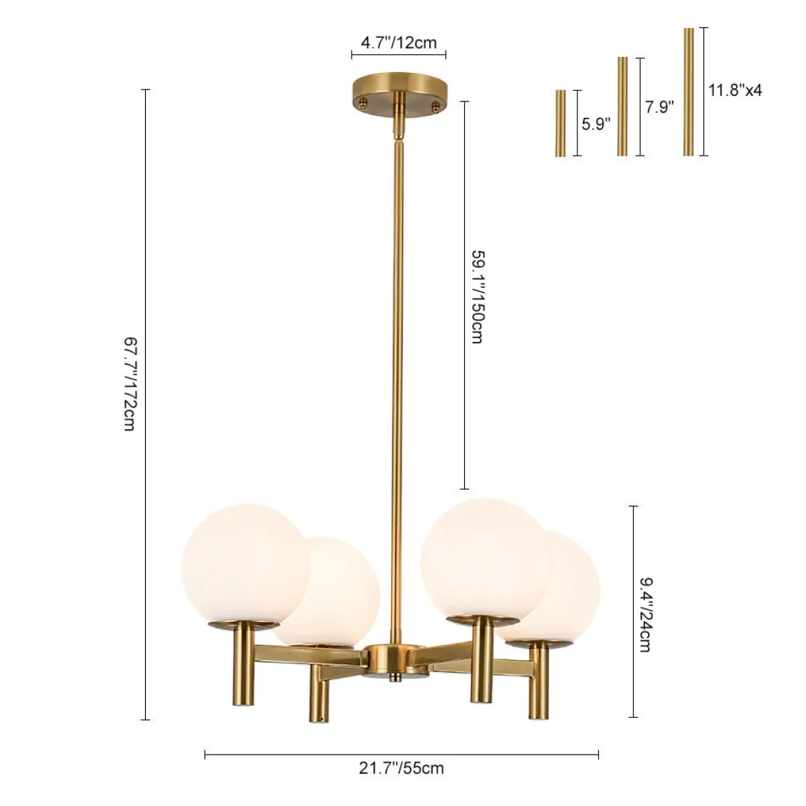 Brass 4-Light Opal Glass Globe Round Sputnik Chandelier