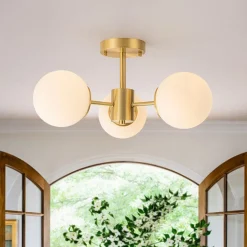 Brass 3-Light Opal Glass Globe Semi Flush Mount