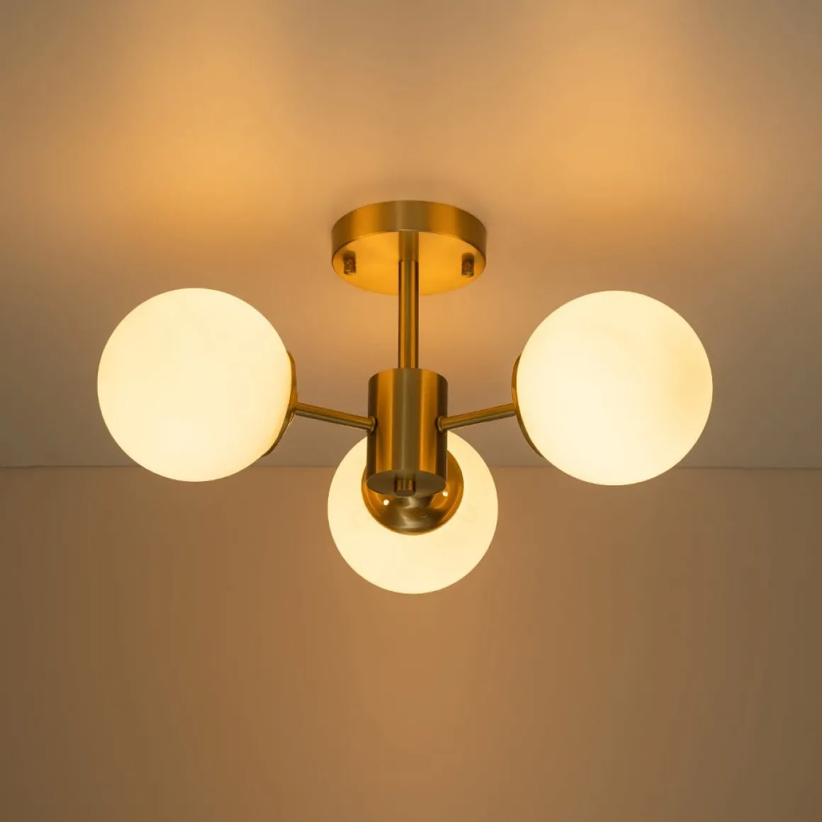 Brass 3-Light Opal Glass Globe Semi Flush Mount