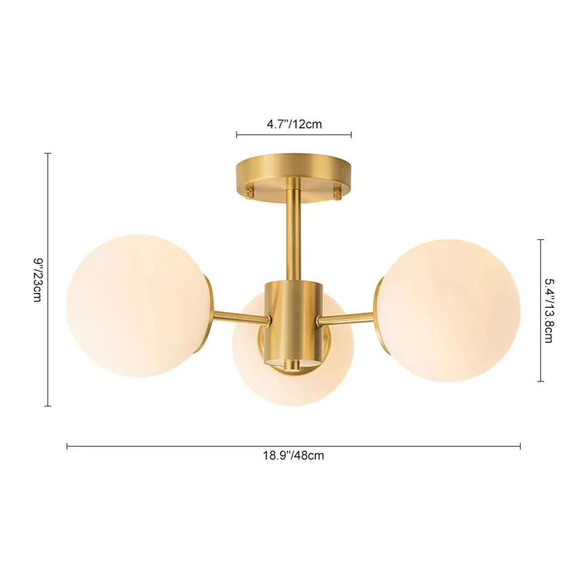 Brass 3-Light Opal Glass Globe Semi Flush Mount