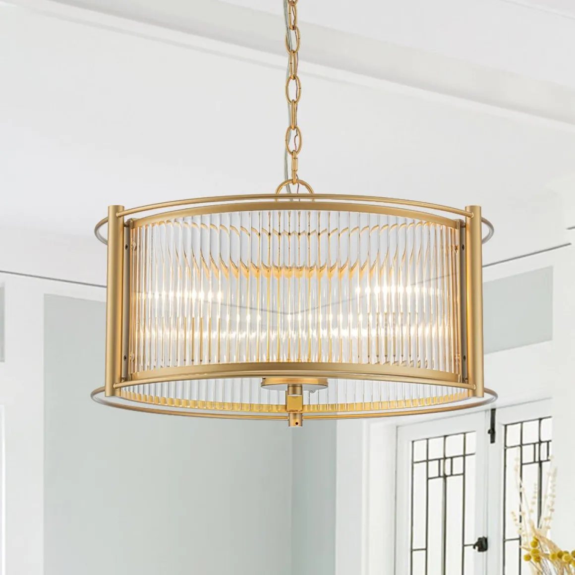 Brass 3-Light Ribbed Glass Drum Lantern Pendant Light