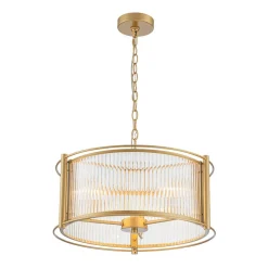 Brass 3-Light Ribbed Glass Drum Lantern Pendant Light