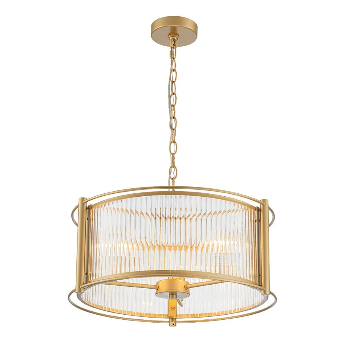 Brass 3-Light Ribbed Glass Drum Lantern Pendant Light
