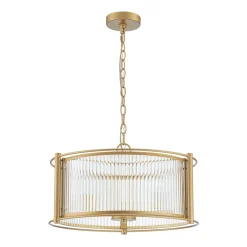 Brass 3-Light Ribbed Glass Drum Lantern Pendant Light