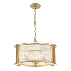 Brass 3-Light Ribbed Glass Drum Lantern Pendant Light