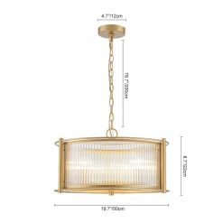 Brass 3-Light Ribbed Glass Drum Lantern Pendant Light