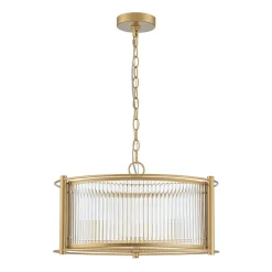 Brass 3-Light Ribbed Glass Drum Lantern Pendant Light