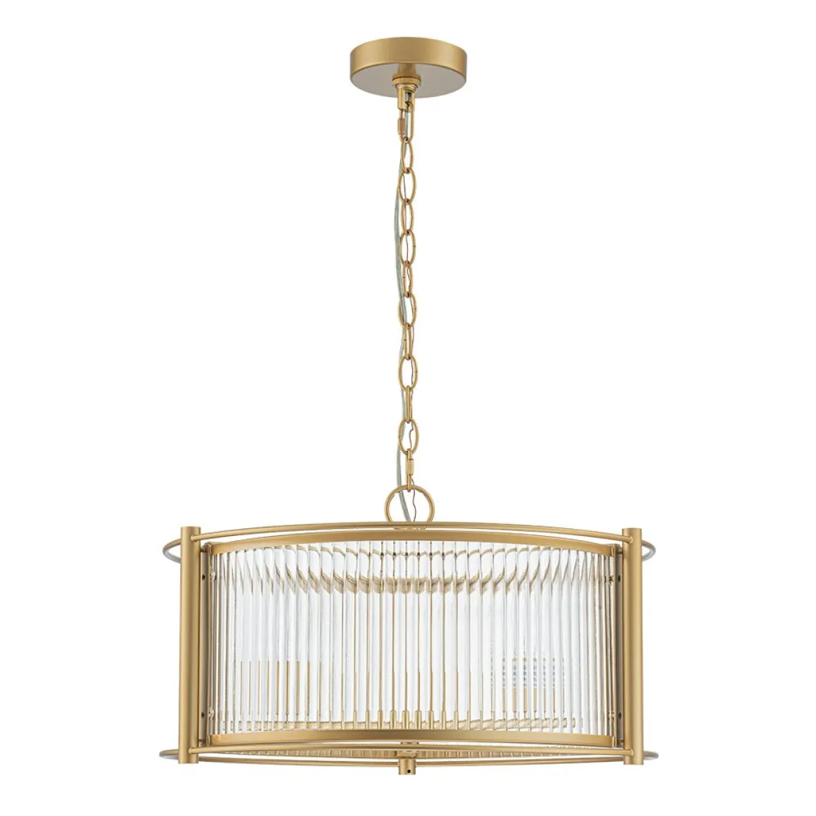 Brass 3-Light Ribbed Glass Drum Lantern Pendant Light