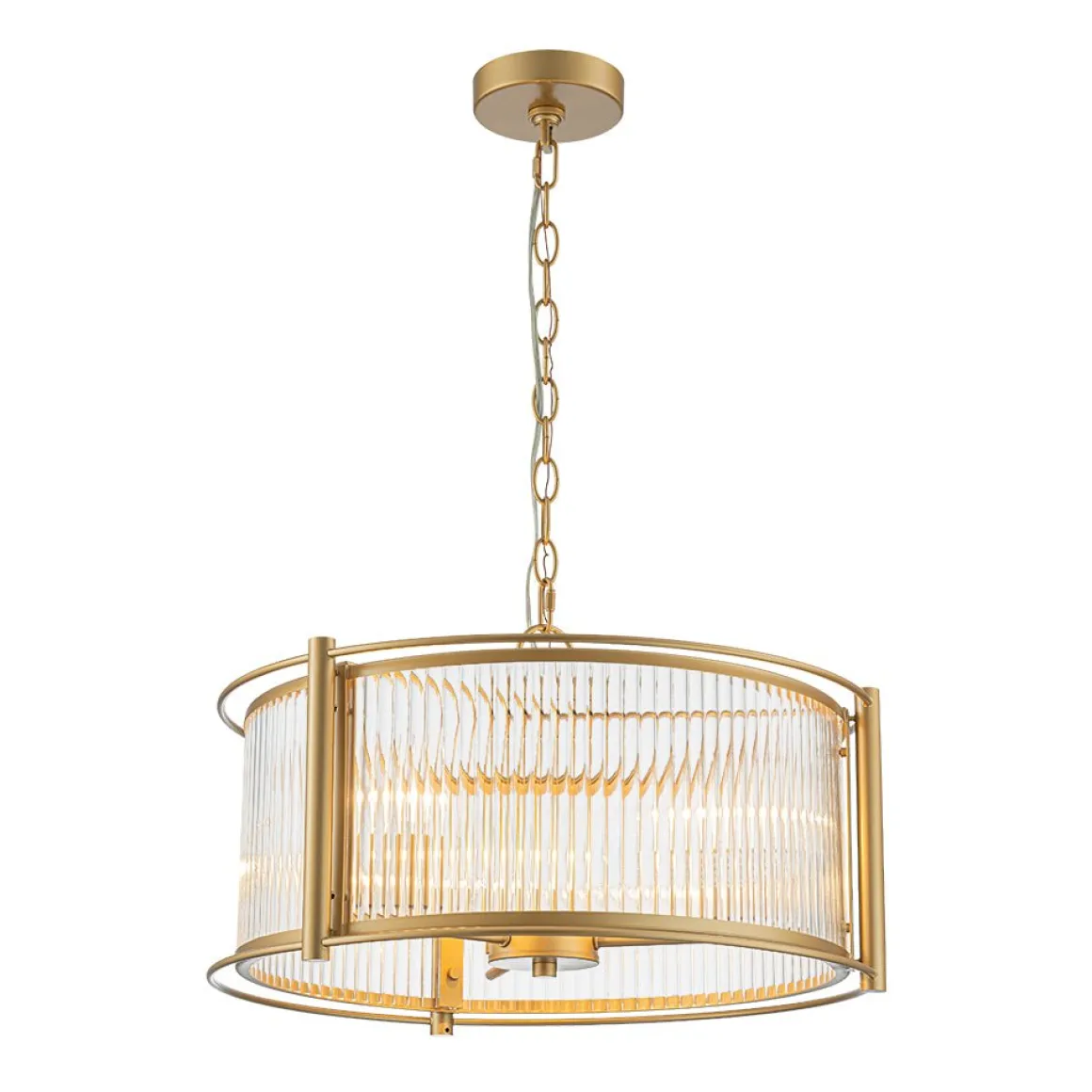 Brass 3-Light Ribbed Glass Drum Lantern Pendant Light