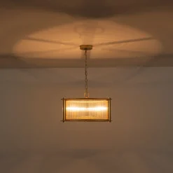 Brass 3-Light Ribbed Glass Drum Lantern Pendant Light