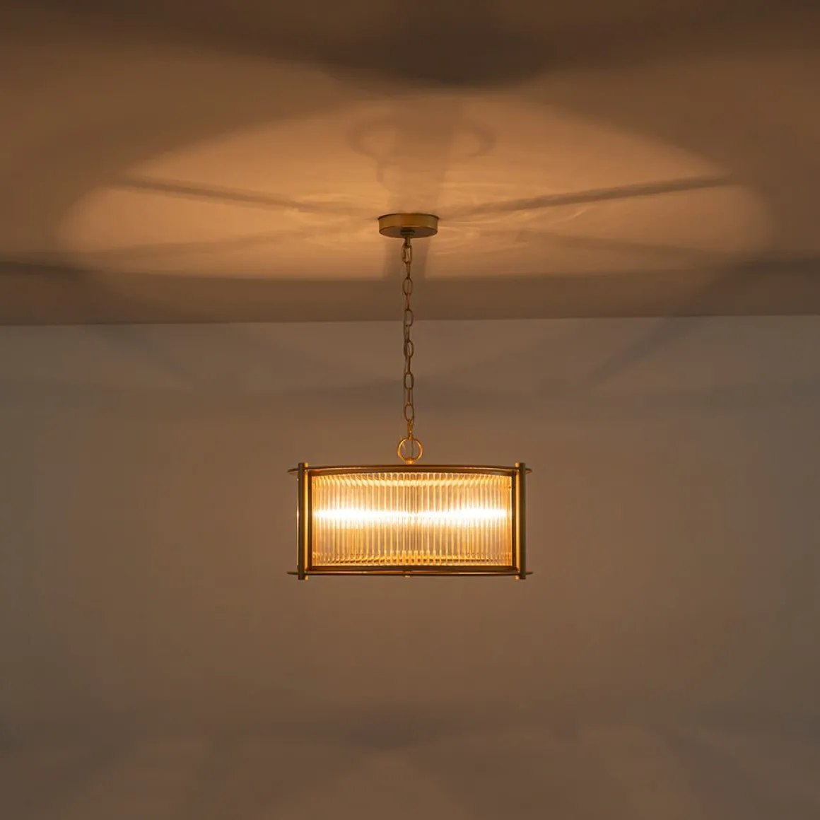 Brass 3-Light Ribbed Glass Drum Lantern Pendant Light
