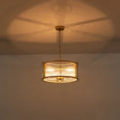 Brass 3-Light Ribbed Glass Drum Lantern Pendant Light