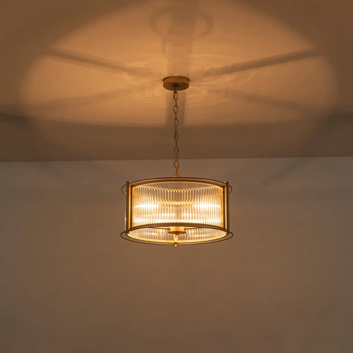Brass 3-Light Ribbed Glass Drum Lantern Pendant Light