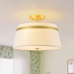 Brass 3-Light White Fabric Drum Cage Semi Flush Mount