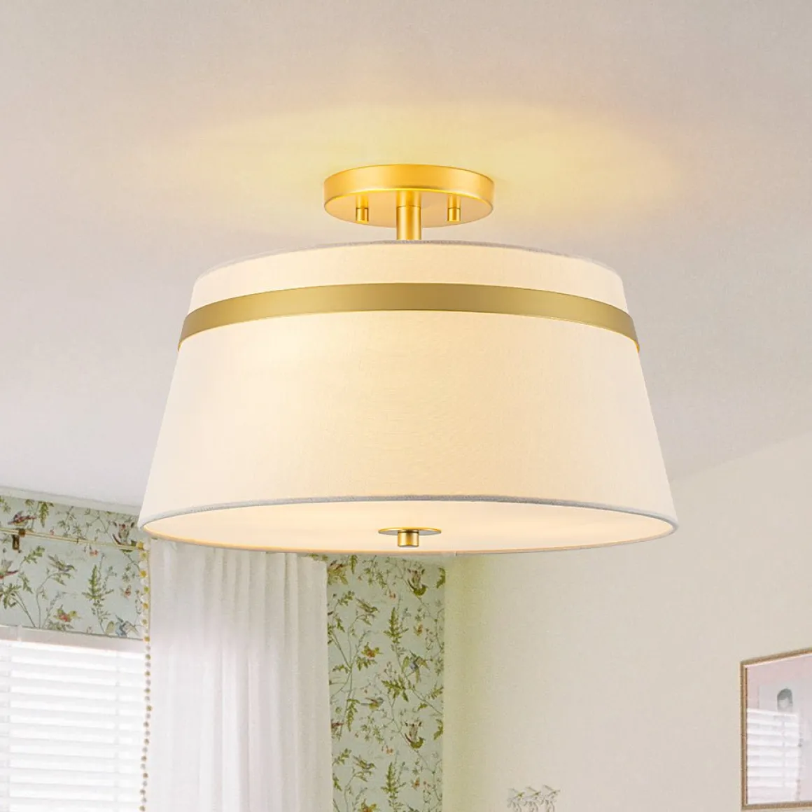 Brass 3-Light White Fabric Drum Cage Semi Flush Mount