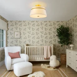 Brass 3-Light White Fabric Drum Cage Semi Flush Mount