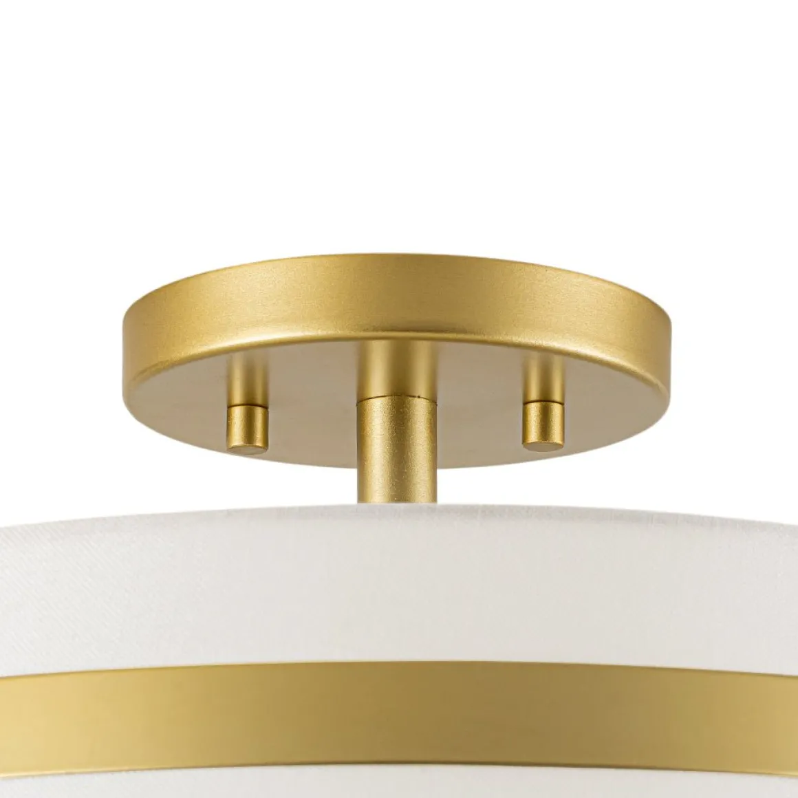 Brass 3-Light White Fabric Drum Cage Semi Flush Mount