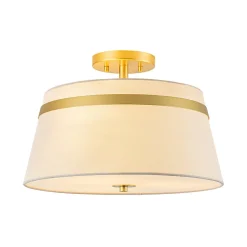 Brass 3-Light White Fabric Drum Cage Semi Flush Mount