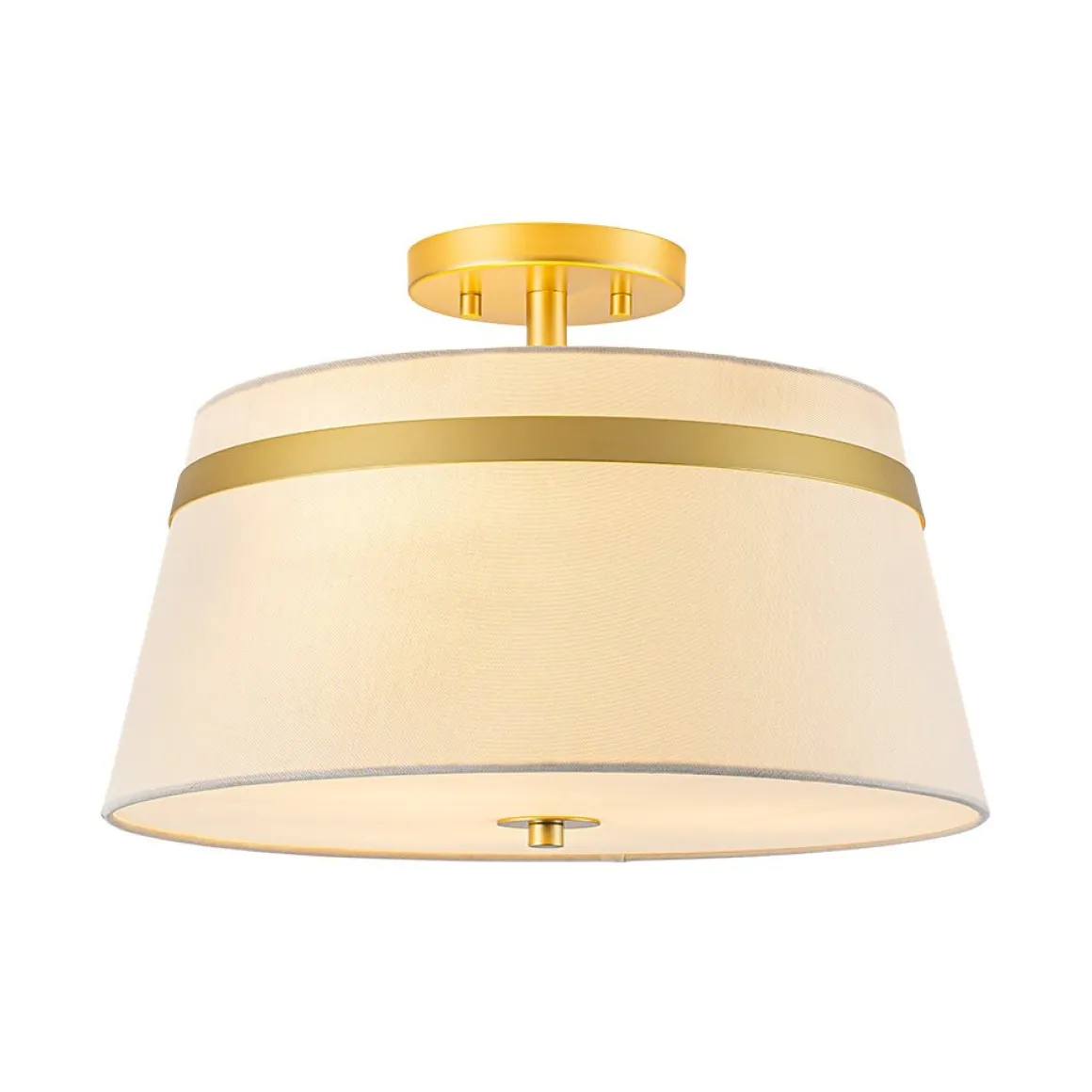 Brass 3-Light White Fabric Drum Cage Semi Flush Mount