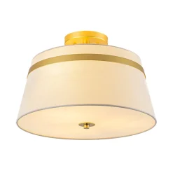 Brass 3-Light White Fabric Drum Cage Semi Flush Mount