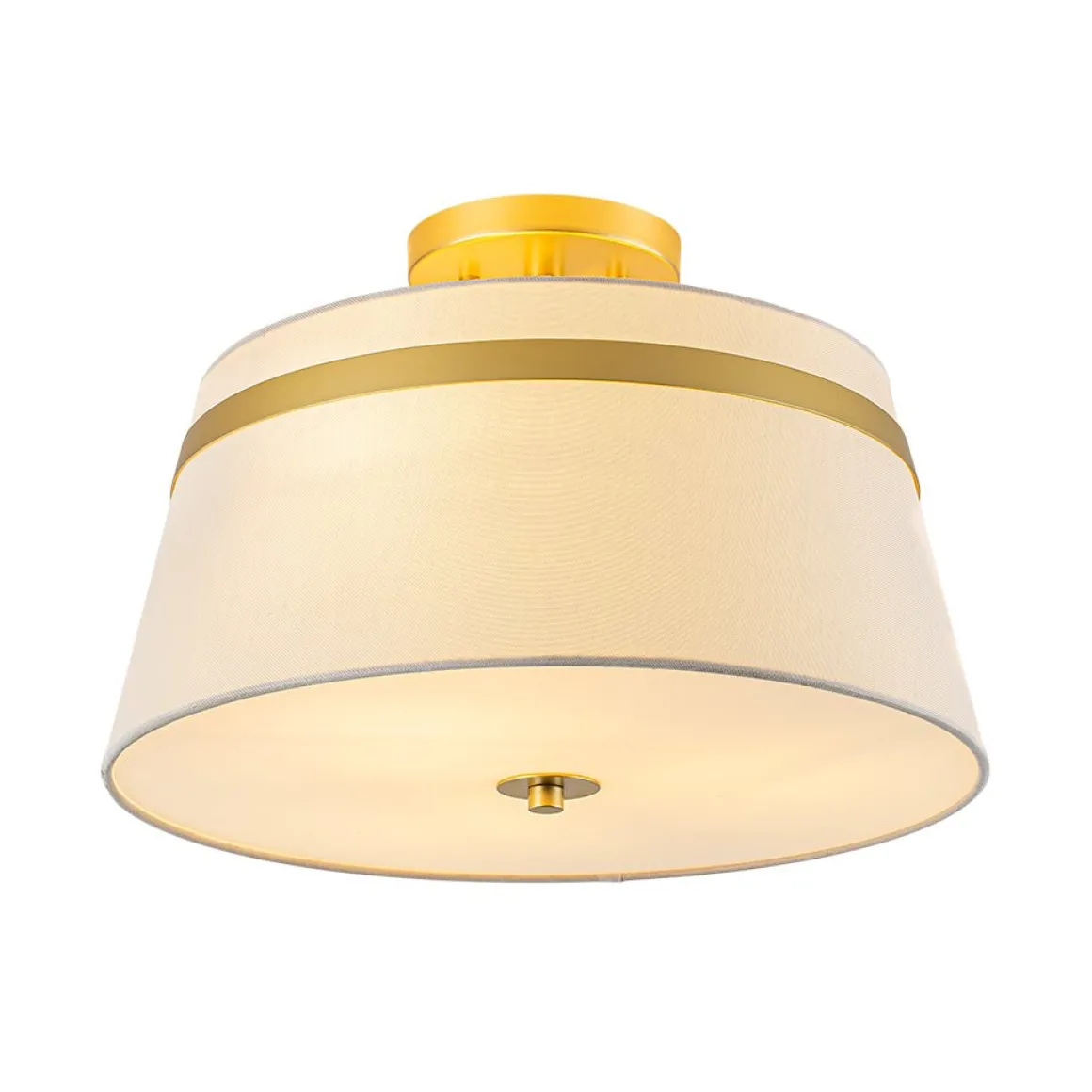 Brass 3-Light White Fabric Drum Cage Semi Flush Mount