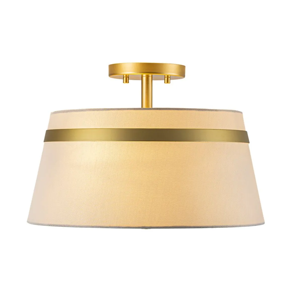 Brass 3-Light White Fabric Drum Cage Semi Flush Mount