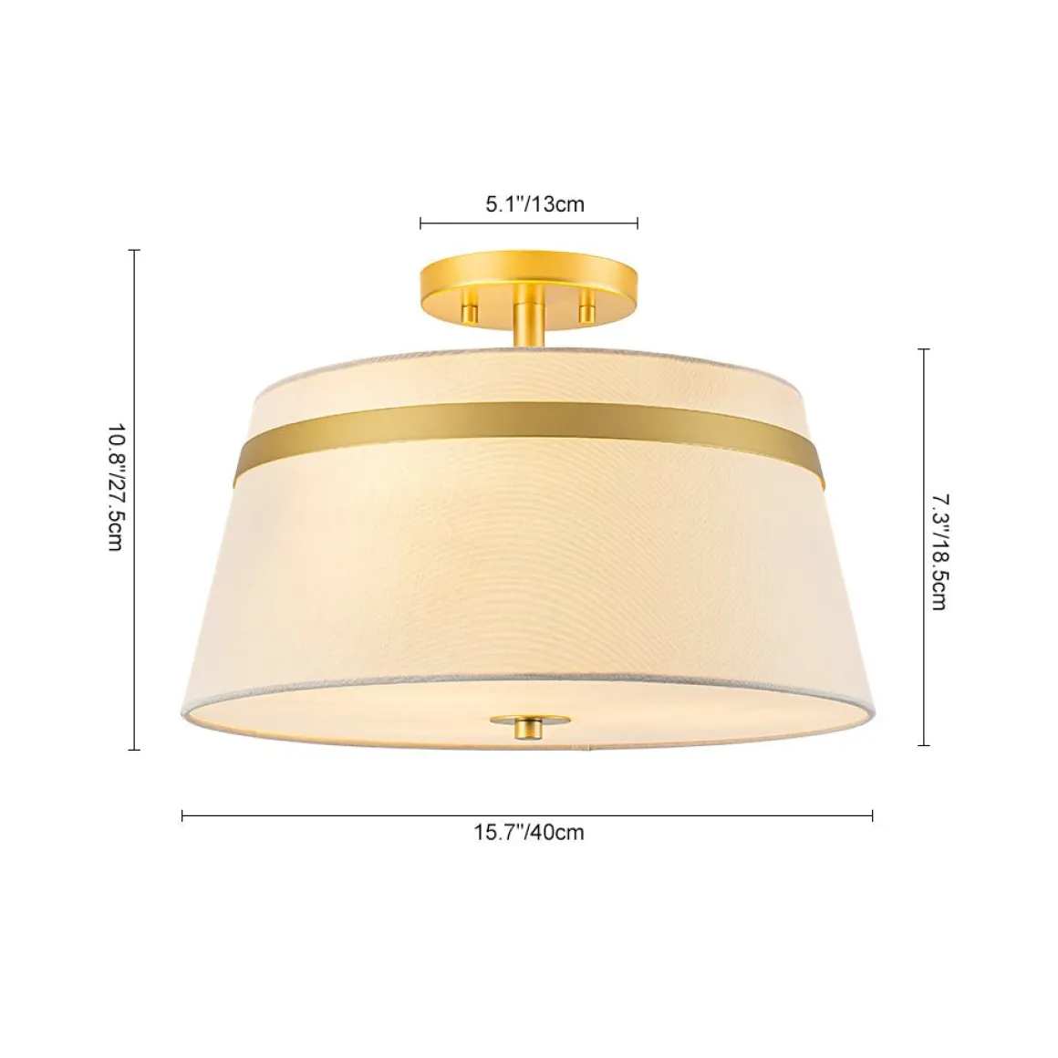 Brass 3-Light White Fabric Drum Cage Semi Flush Mount