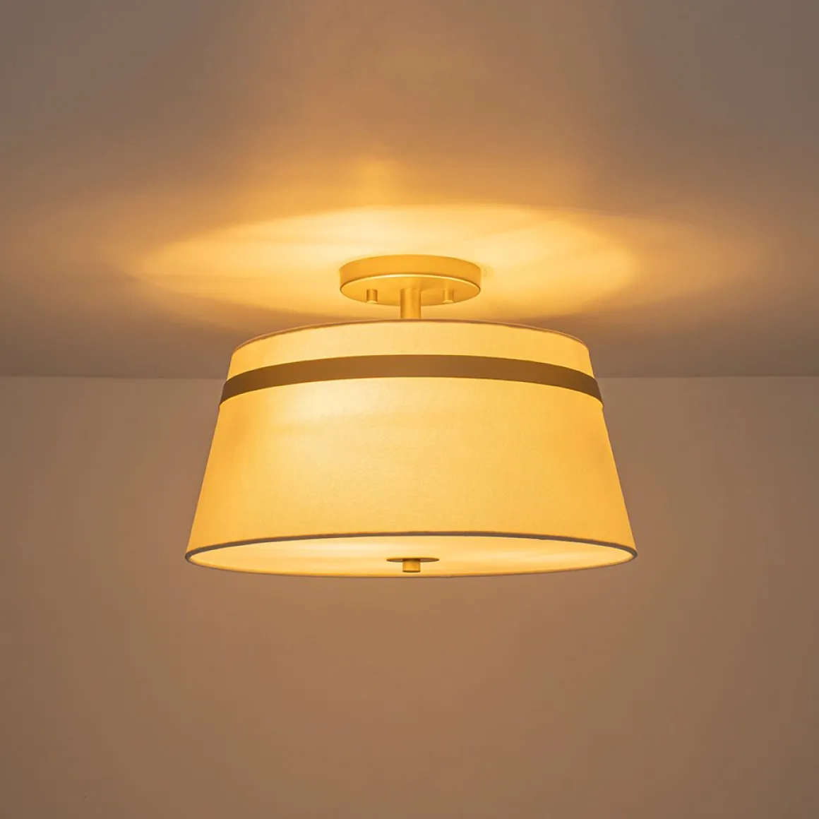 Brass 3-Light White Fabric Drum Cage Semi Flush Mount