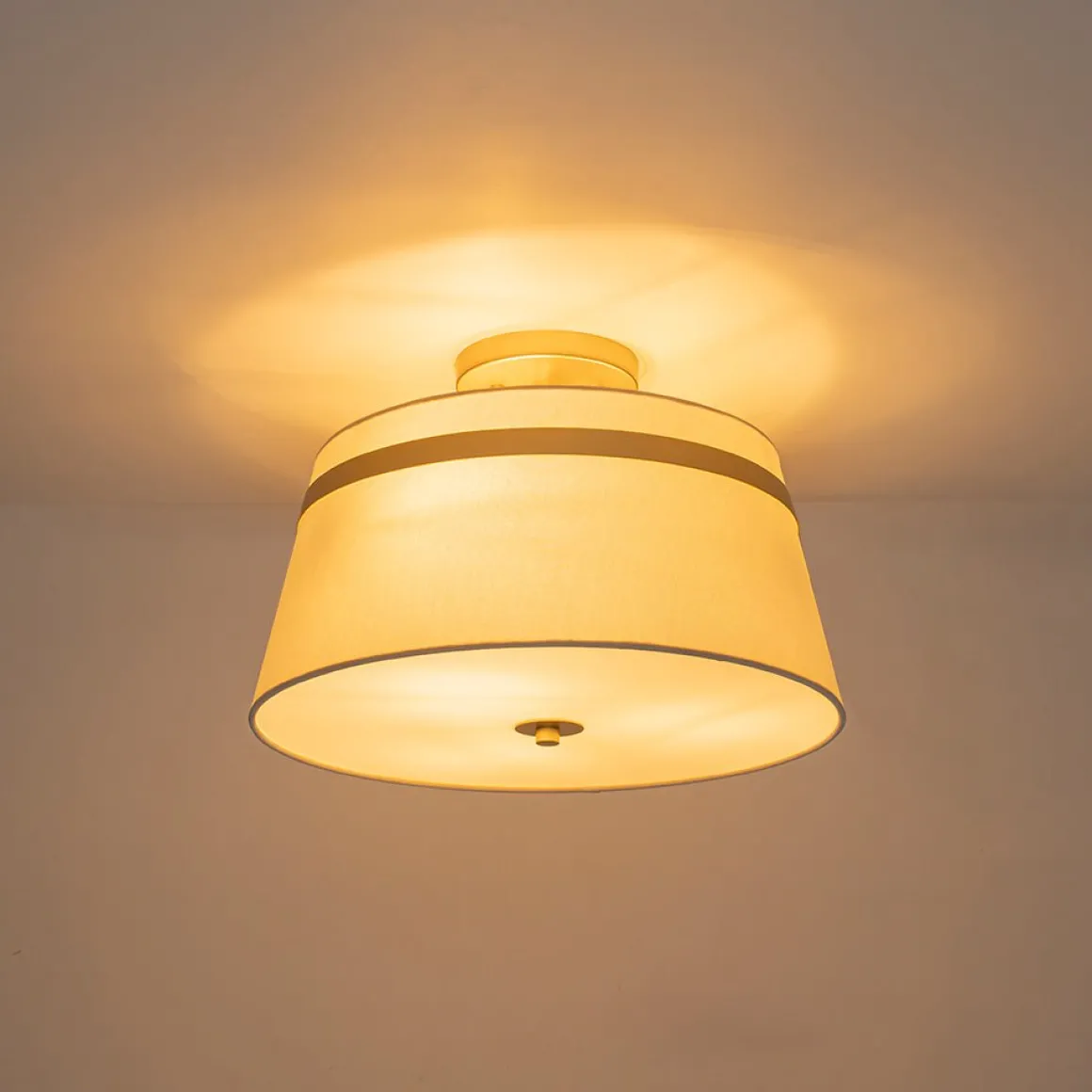 Brass 3-Light White Fabric Drum Cage Semi Flush Mount