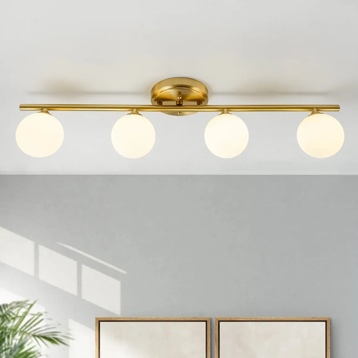 Brass Linear Opal Glass Globe Semi Flush Mount Vanity Light