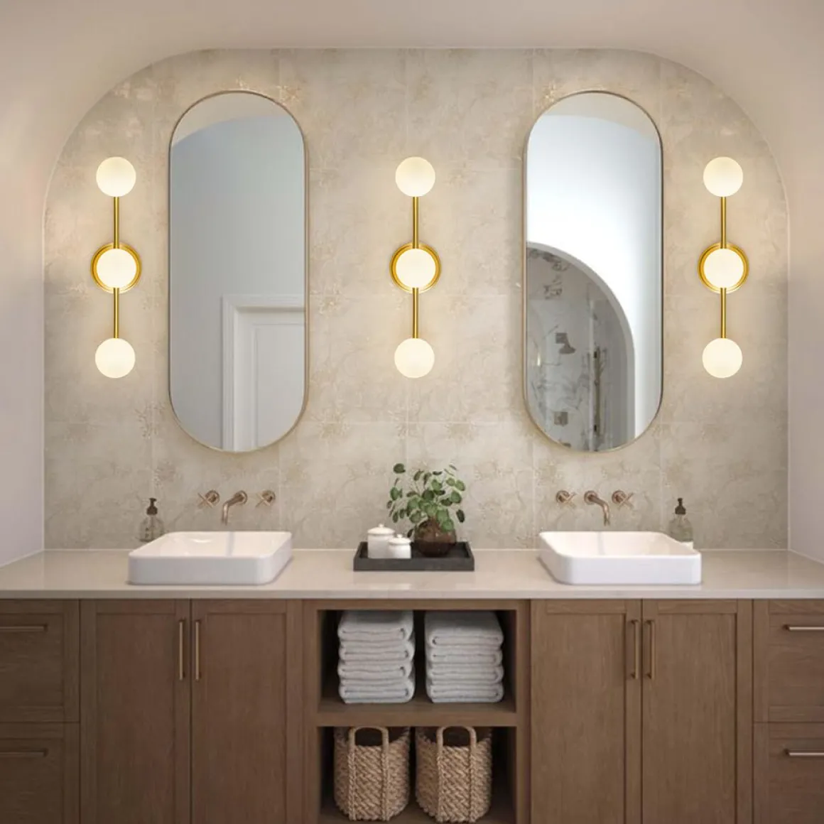 Brass Linear Opal Glass Globe Semi Flush Mount Vanity Light