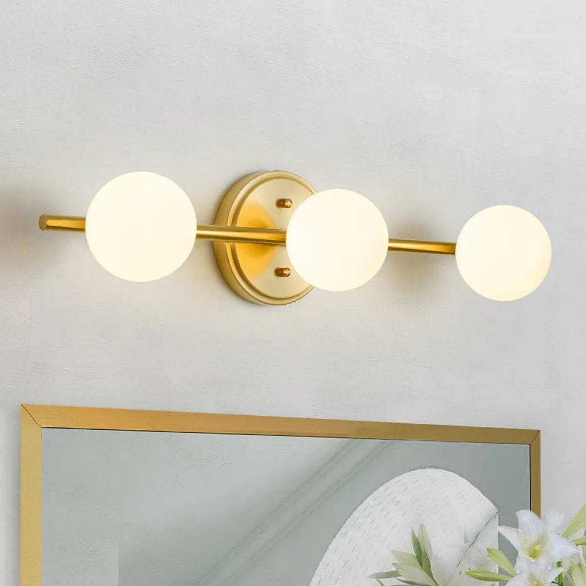 Brass Linear Opal Glass Globe Semi Flush Mount Vanity Light
