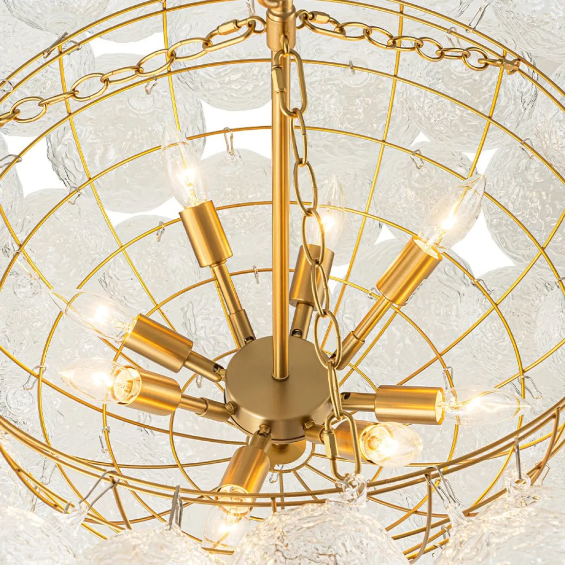Brass Luxe Cluster Rippled Glass Globe Bubble Chandelier