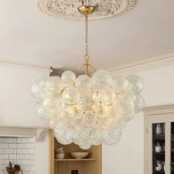 Brass Luxe Cluster Rippled Glass Globe Bubble Chandelier