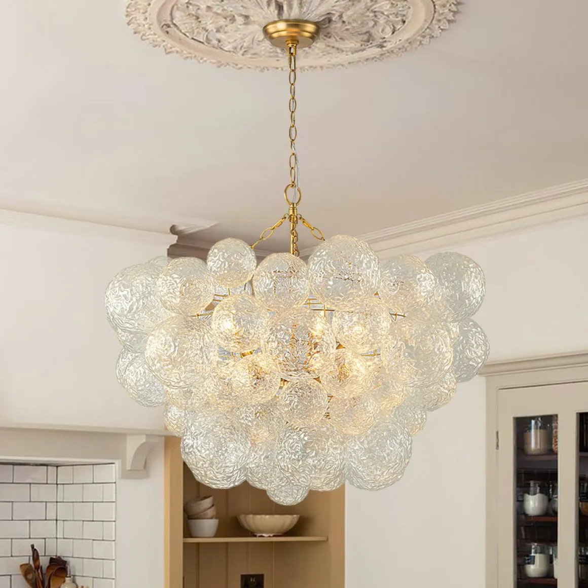 Brass Luxe Cluster Rippled Glass Globe Bubble Chandelier