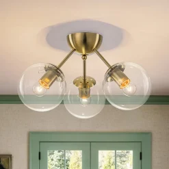 Brass Mid-Century 3-Light Glass Globe Semi Flush Mount