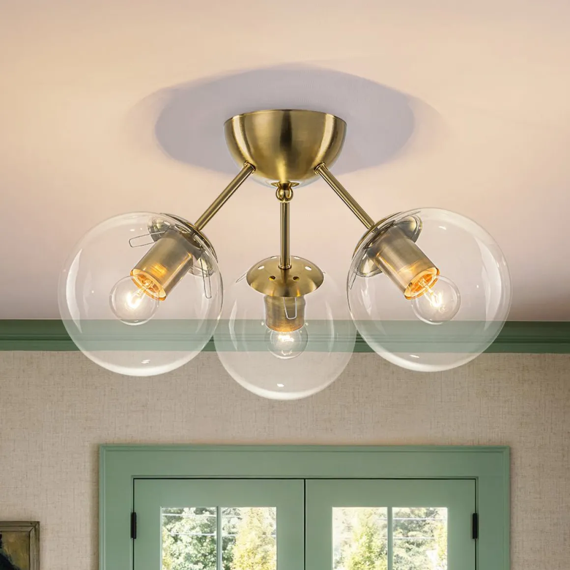 Brass Mid-Century 3-Light Glass Globe Semi Flush Mount