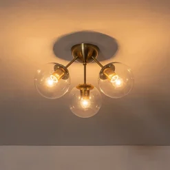 Brass Mid-Century 3-Light Glass Globe Semi Flush Mount