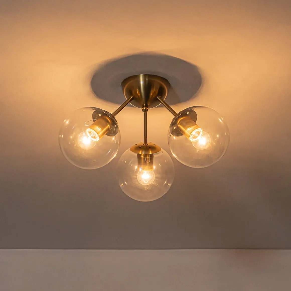 Brass Mid-Century 3-Light Glass Globe Semi Flush Mount