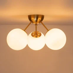 Brass Mid-Century 3-Light Glass Globe Semi Flush Mount