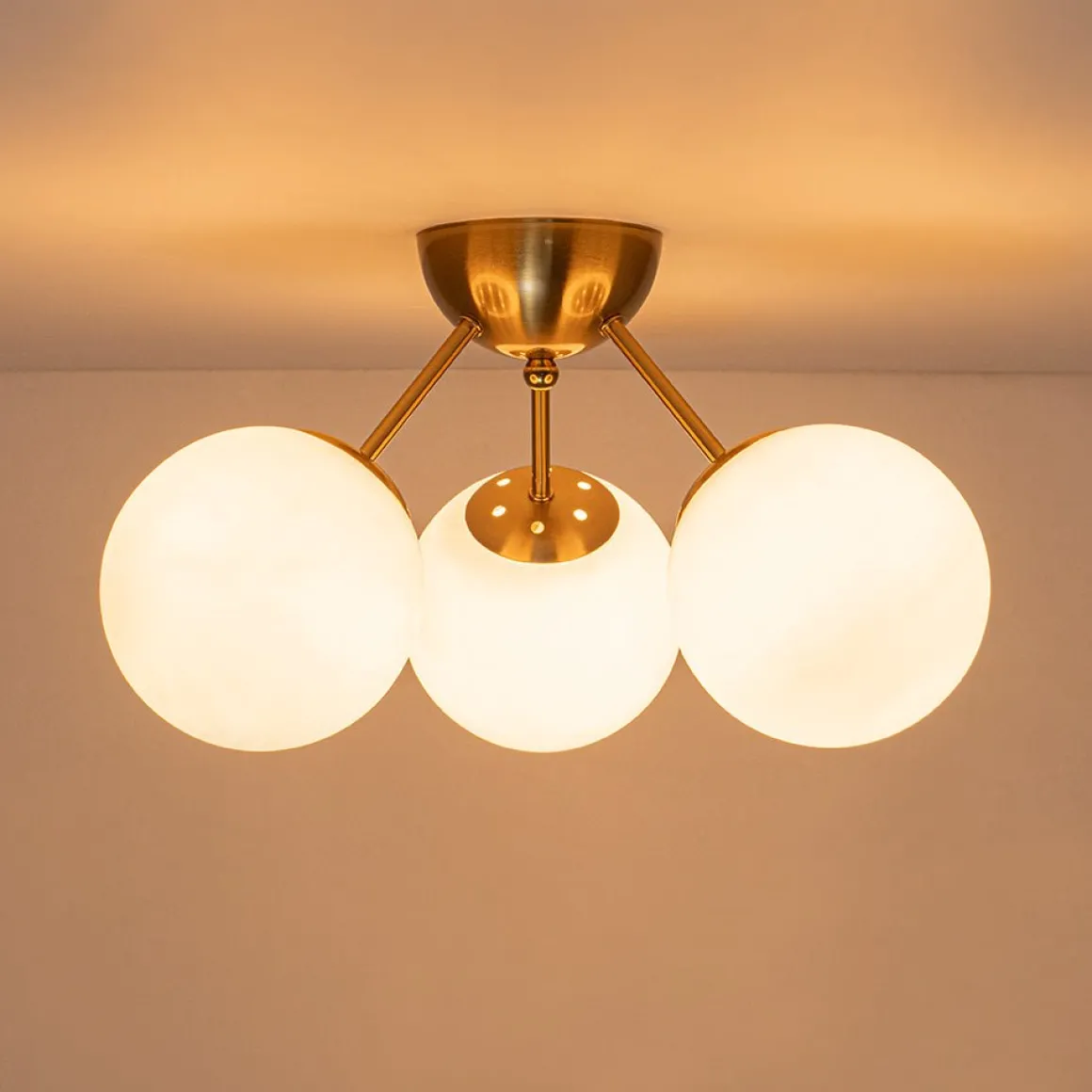 Brass Mid-Century 3-Light Glass Globe Semi Flush Mount