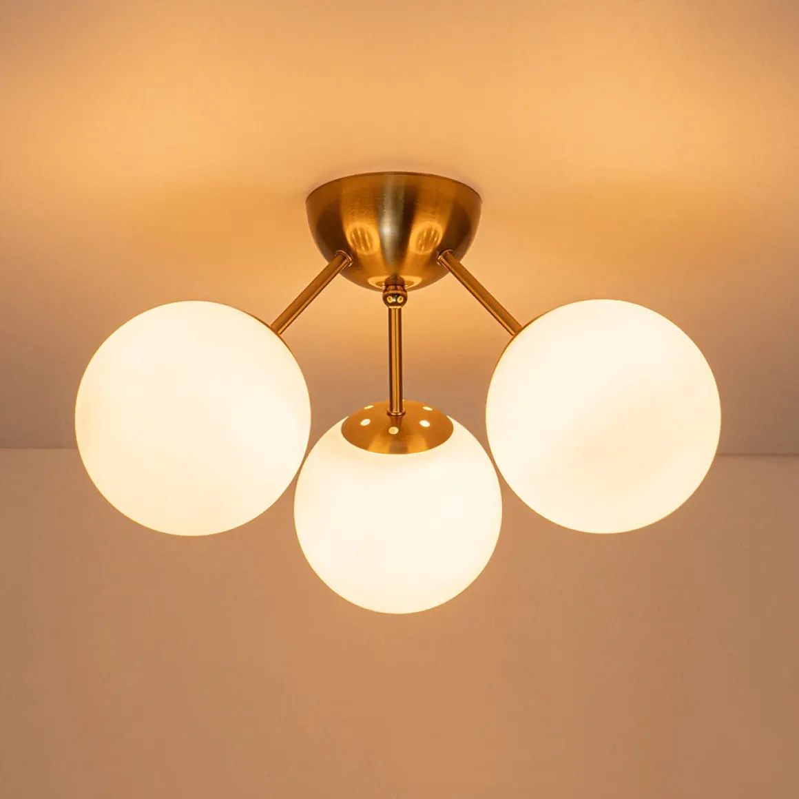 Brass Mid-Century 3-Light Glass Globe Semi Flush Mount