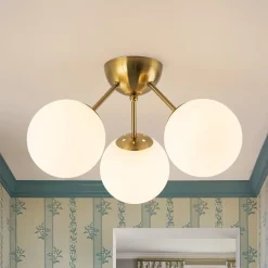 Brass Mid-Century 3-Light Glass Globe Semi Flush Mount