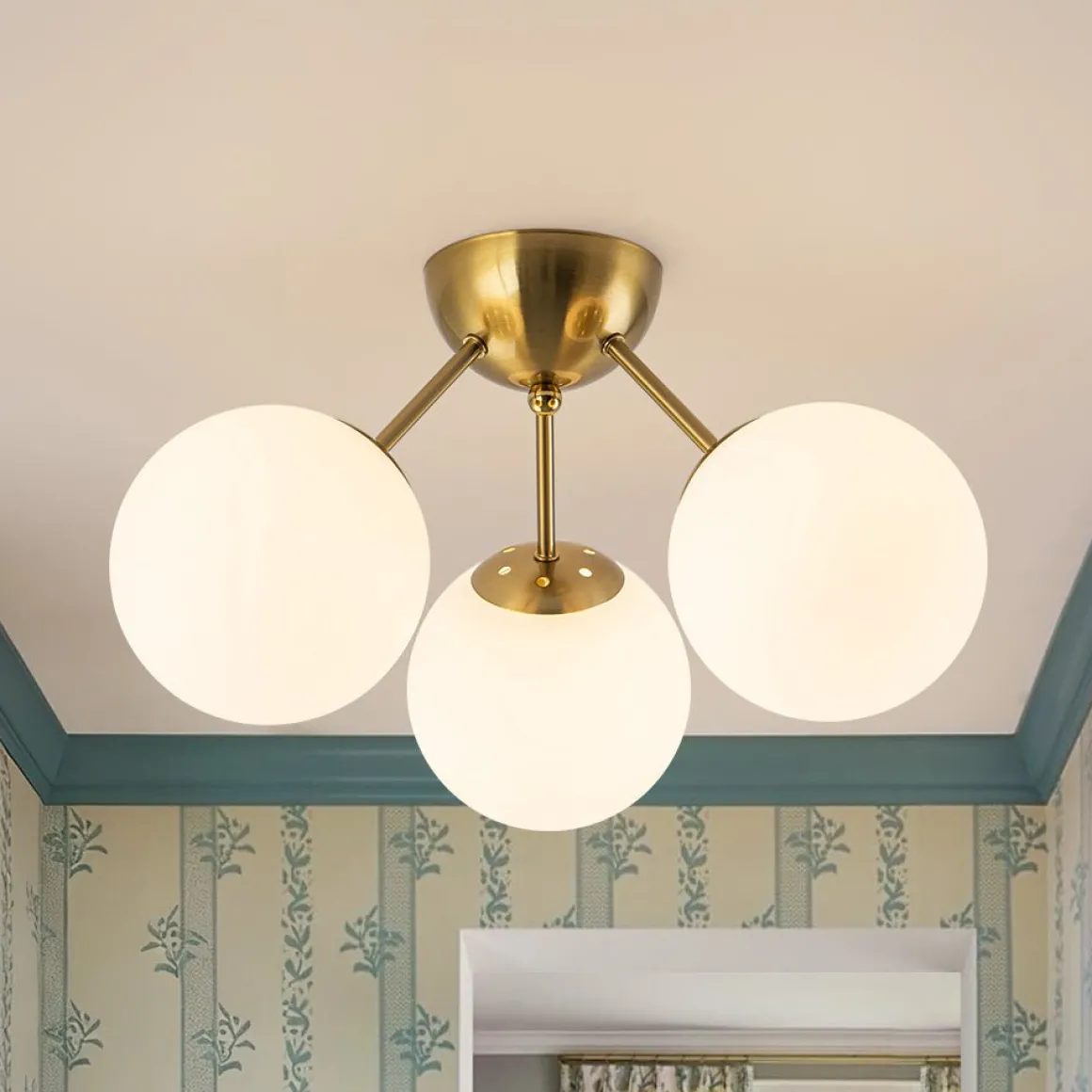 Brass Mid-Century 3-Light Glass Globe Semi Flush Mount