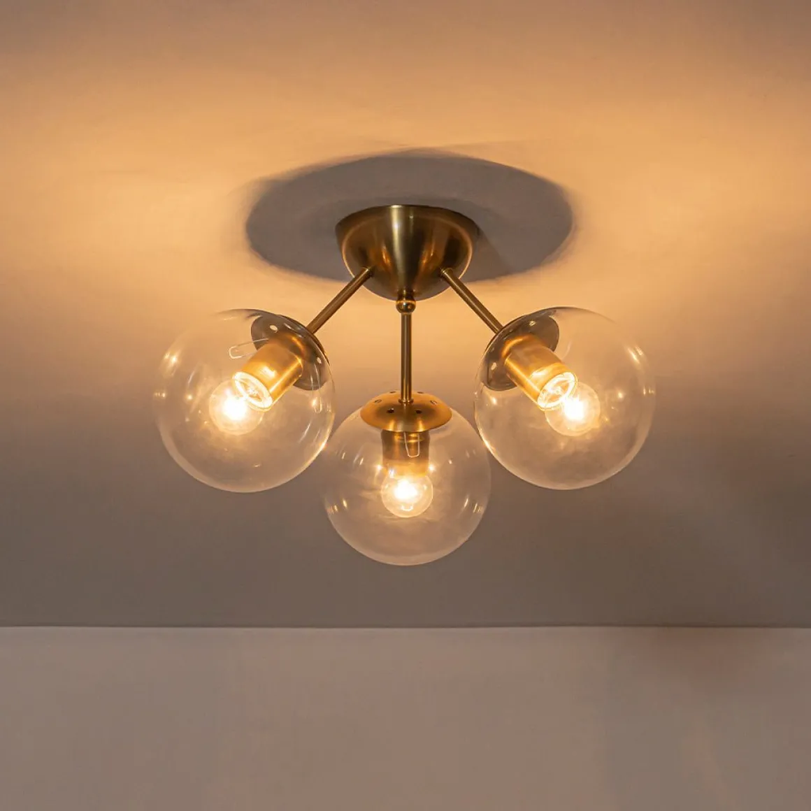 Brass Mid-Century 3-Light Glass Globe Semi Flush Mount
